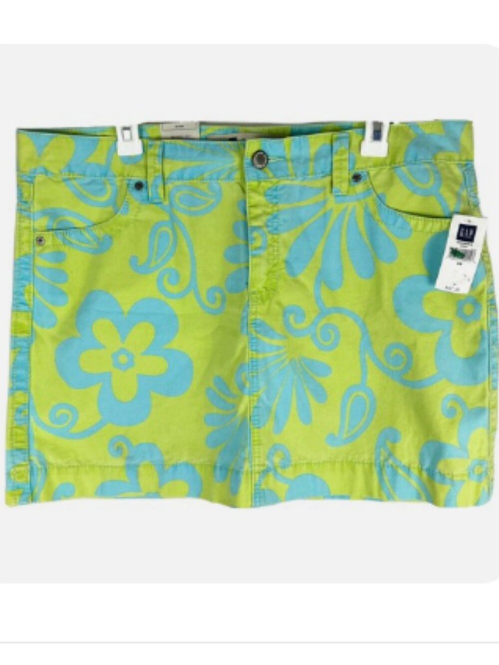 Gap Jeans Womens 14 Hibiscus Green Blue Denim Floral Mini Skirt Groovy